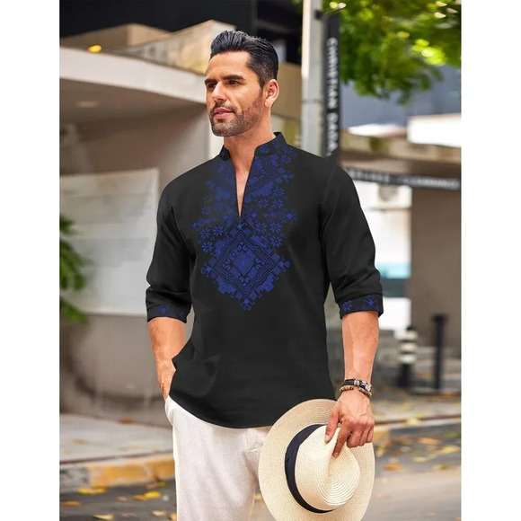 ❤️Men's Black Shirt Long Sleeve Floral Print Casual Cotton Beach Hippie T Shirt - Picture 4 of 9